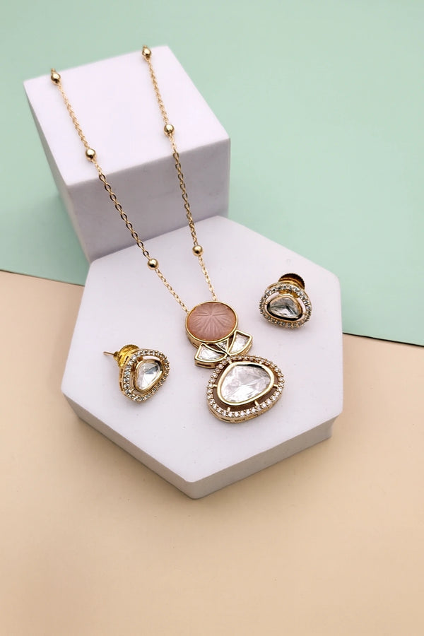 Rose Quartz & Kundan Gold-Plated Pendant Set with Earrings