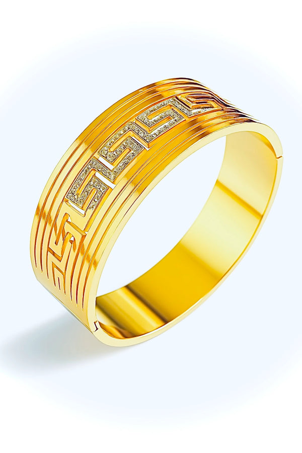 Royal Greek Key Gold Bangle with Diamond Accents