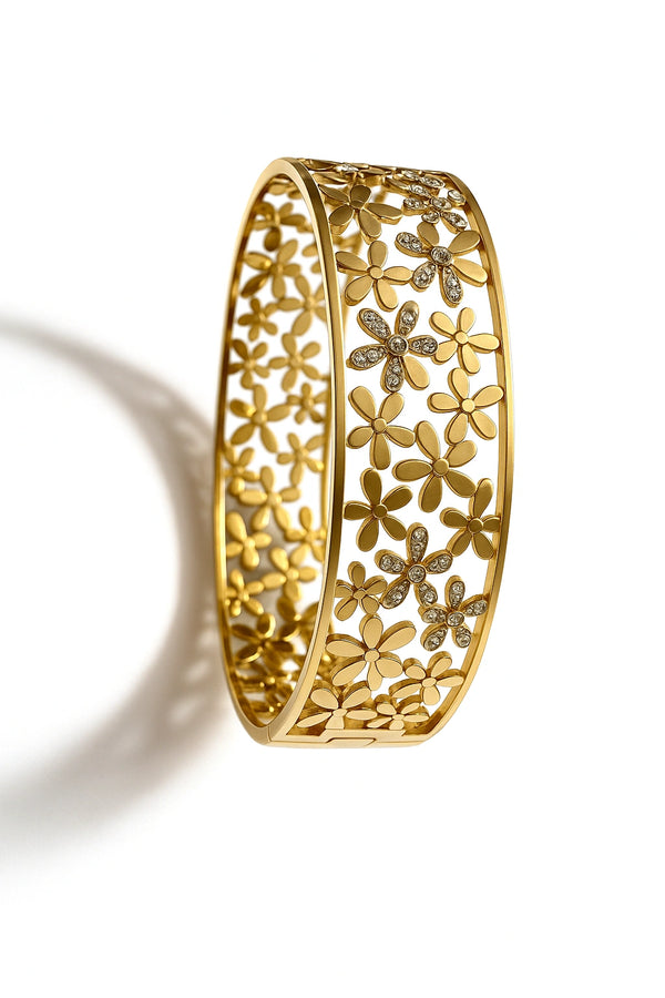Golden Floral Lattice Bangle with Diamond Petals