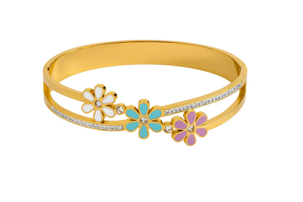 Colorful Floral Enamel Gold Bangle with Diamond Accents