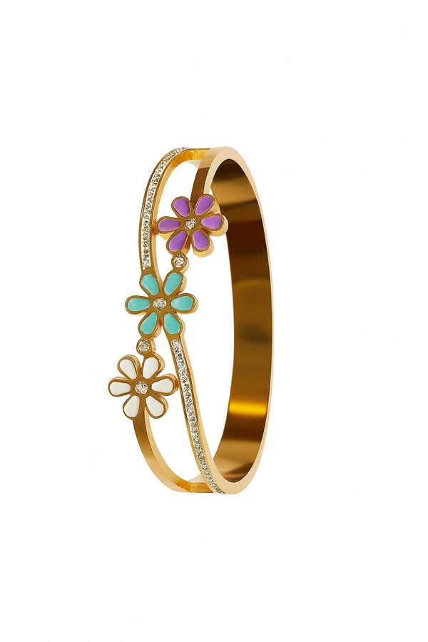 Colorful Floral Enamel Gold Bangle with Diamond Accents