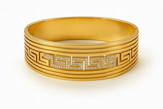 Royal Greek Key Gold Bangle with Diamond Accents
