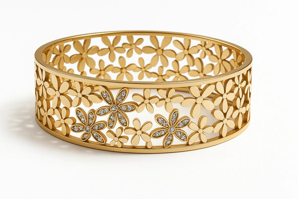 Golden Floral Lattice Bangle with Diamond Petals