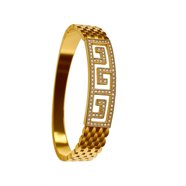 Greek Key Diamond-Studded Gold Bangle