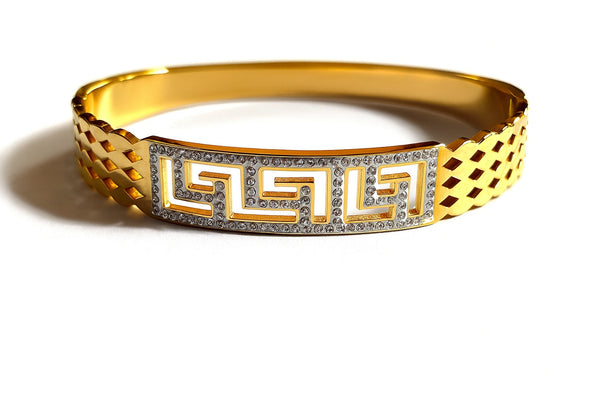 Greek Key Diamond-Studded Gold Bangle